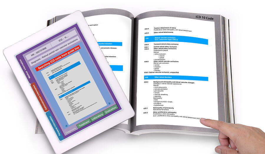 medical coding book and tablet